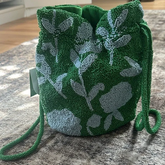 Kate Spade x Target Green Beaded Floral Drawstring Bag - Picture 2 of 2